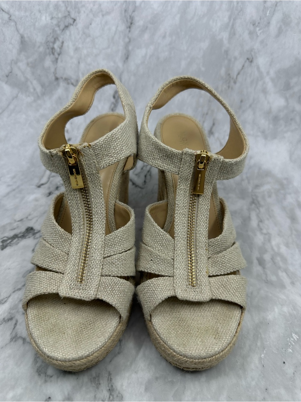 Michael Kors Cream Wedge Sandals with Gold Zipper